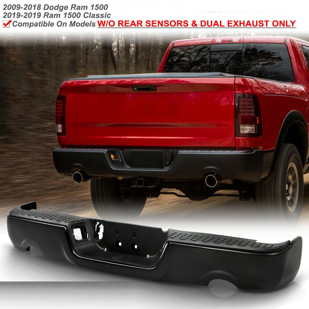 Black Dual Exhaust wo Sensor Rear Bumper and Caps 09-18 Ram - Click Image to Close